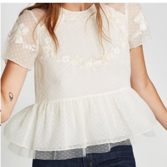 ZARA Short Sleeve Swiss Dot Sheer Tulle Blouse with Embroidered Flowers Medium - Picture 2 of 8